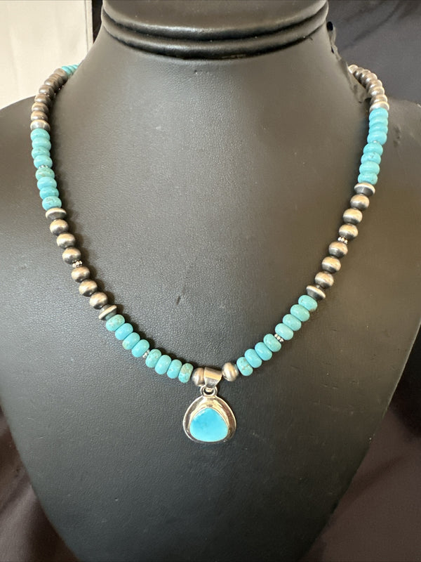 Women's Blue Kingman Turquoise Pendant Navajo Necklace 21" | Sterling Silver | Authentic Native American Handmade | 17959