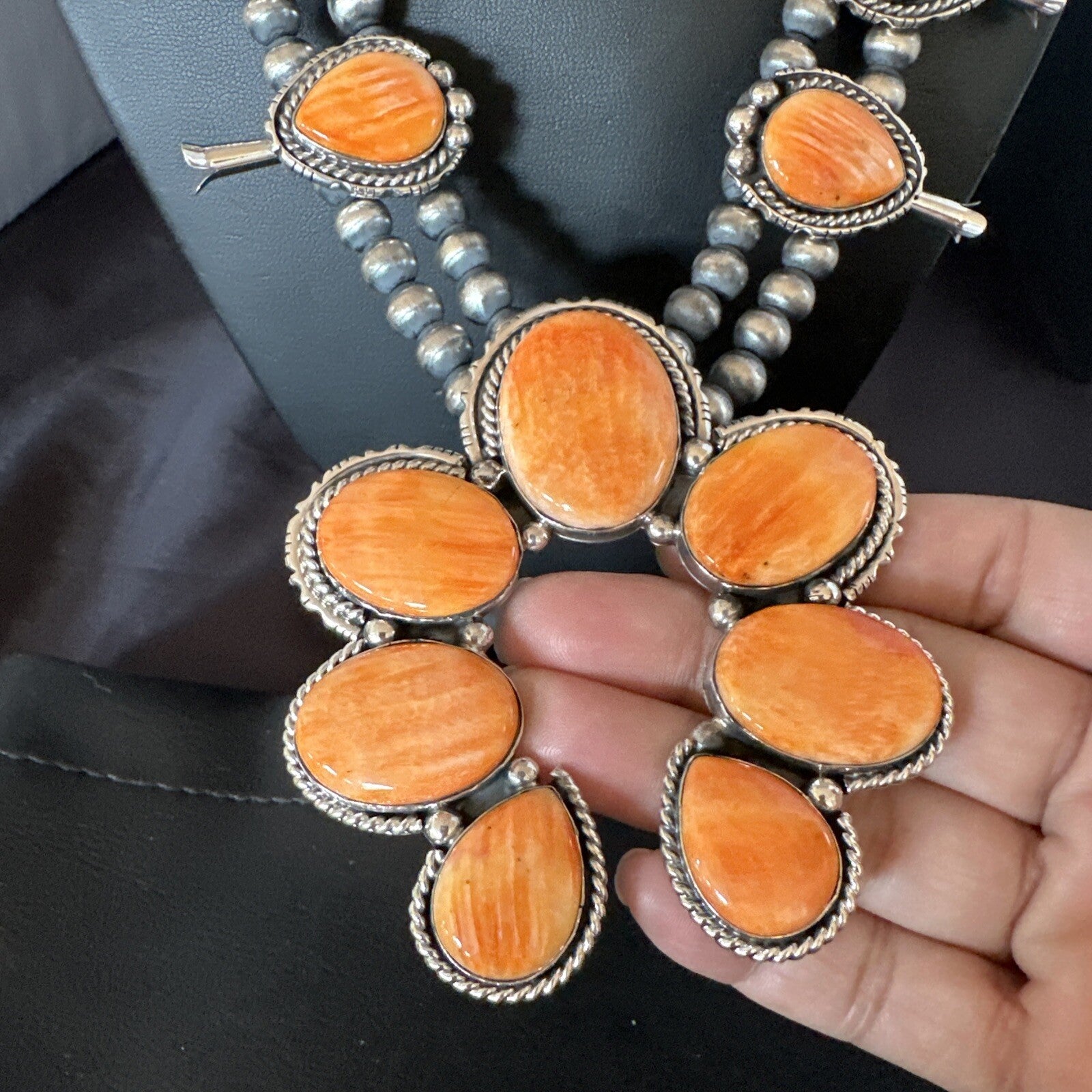 XL Orange Spiny Oyster Sterling Silver Squash Blossom Necklace 18134