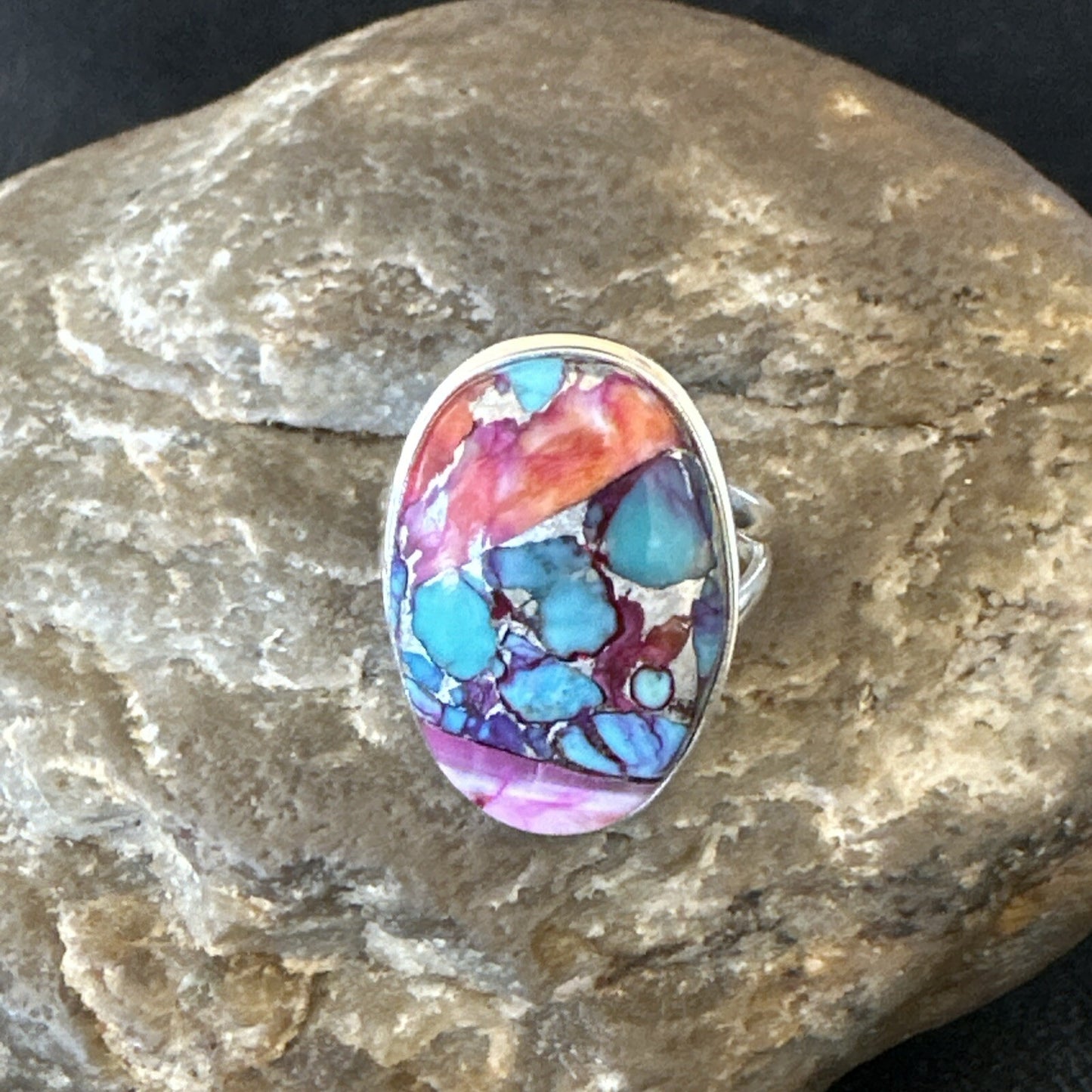 Blue Turquoise Spiny Oyster Southwestern Sterling Silver Ring Size 8 18484