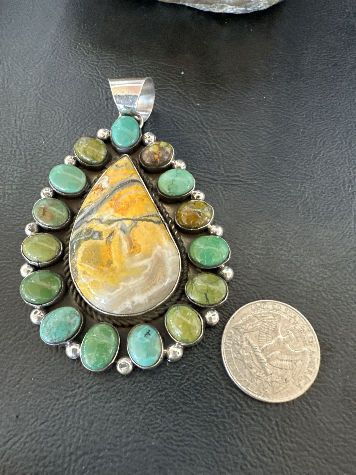 Navajo Bumblebee Jasper Green Turquoise Sterling Silver Necklace Pendant 19441
