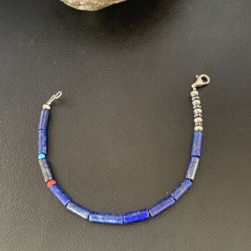 Navajo Lapis Turquoise Coral Beaded Bracelet Sterling Silver 7" 13117