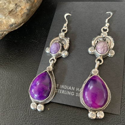 Purple Stone Navajo Sterling Silver Dangle Earrings 2" 12882