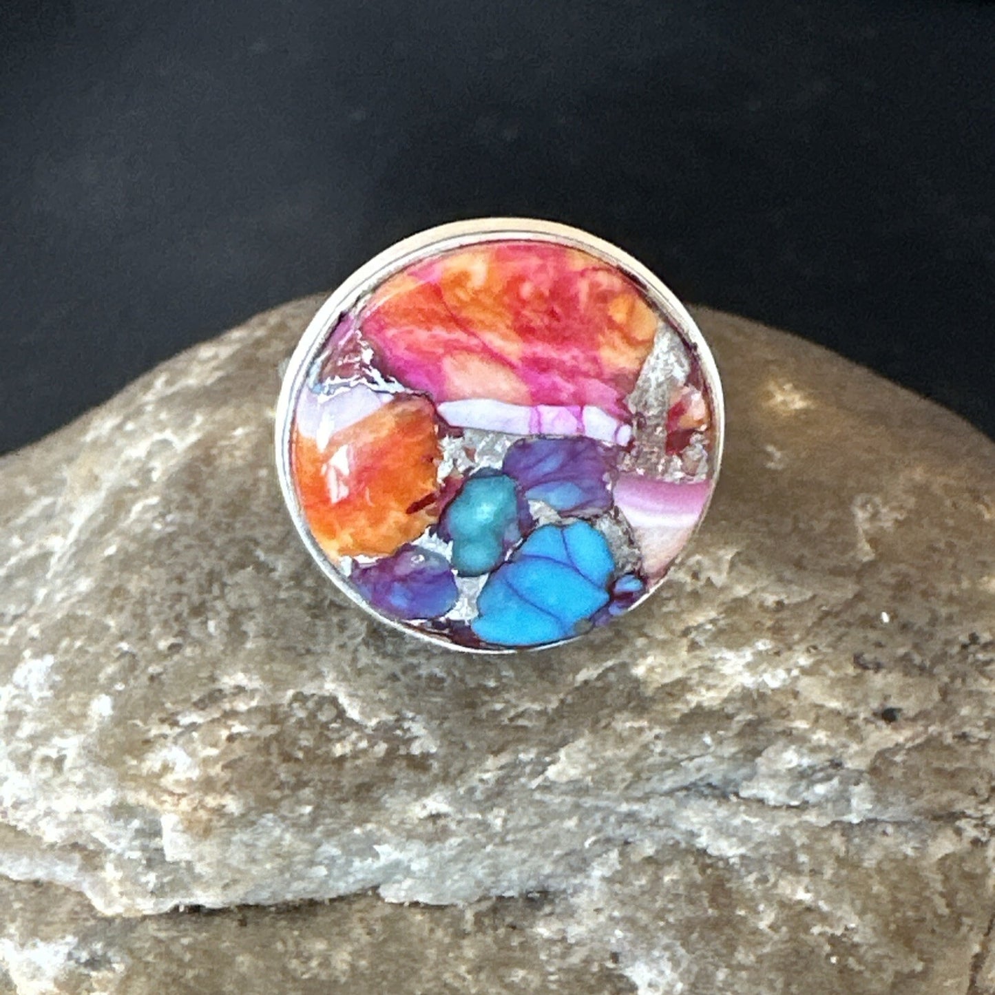 Blue Turquoise Spiny Oyster Navajo Sterling Silver Ring Size 8 18248