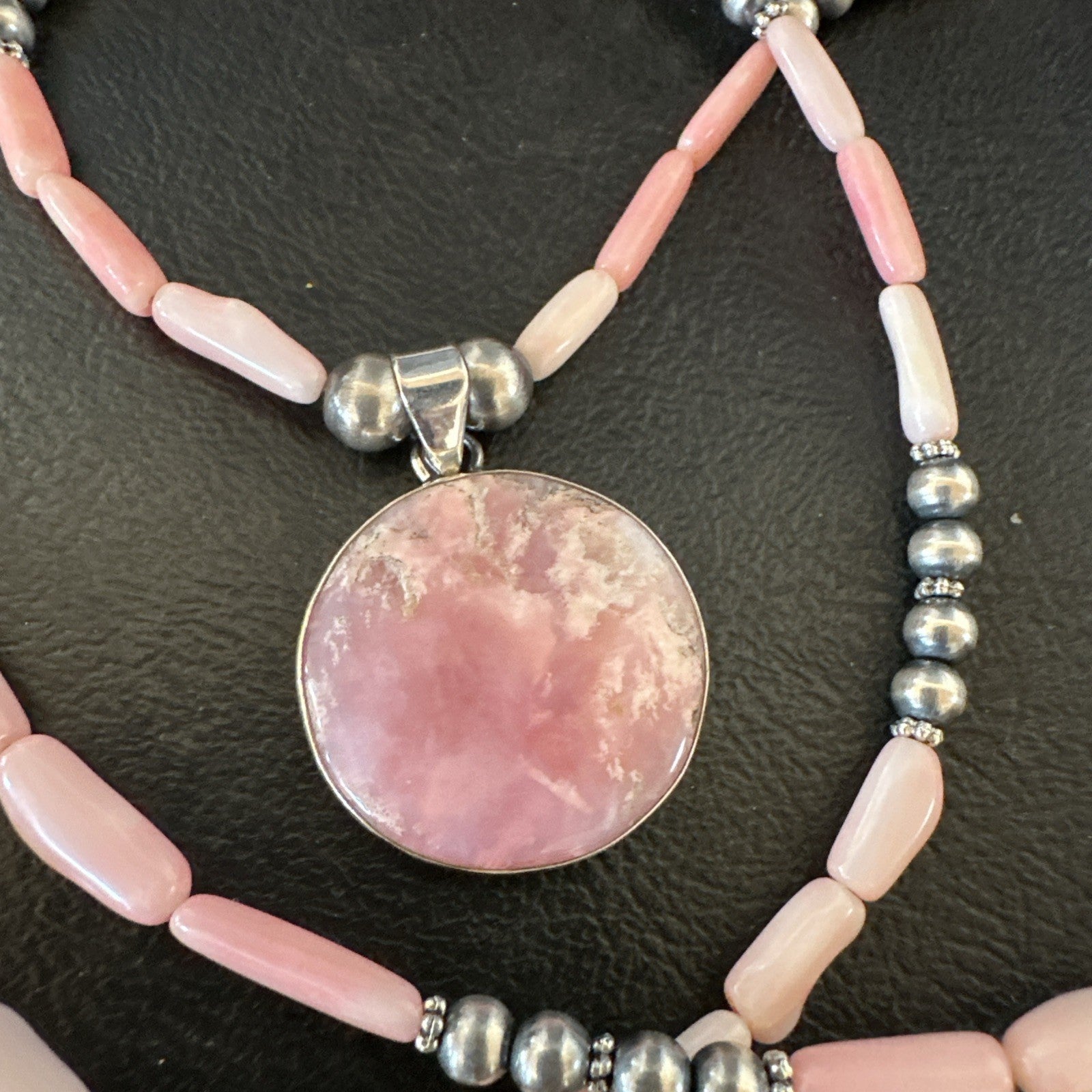 Southwestern Sterling Silver Pink Coral Bead Necklace Quartz Pendant 24" 19588