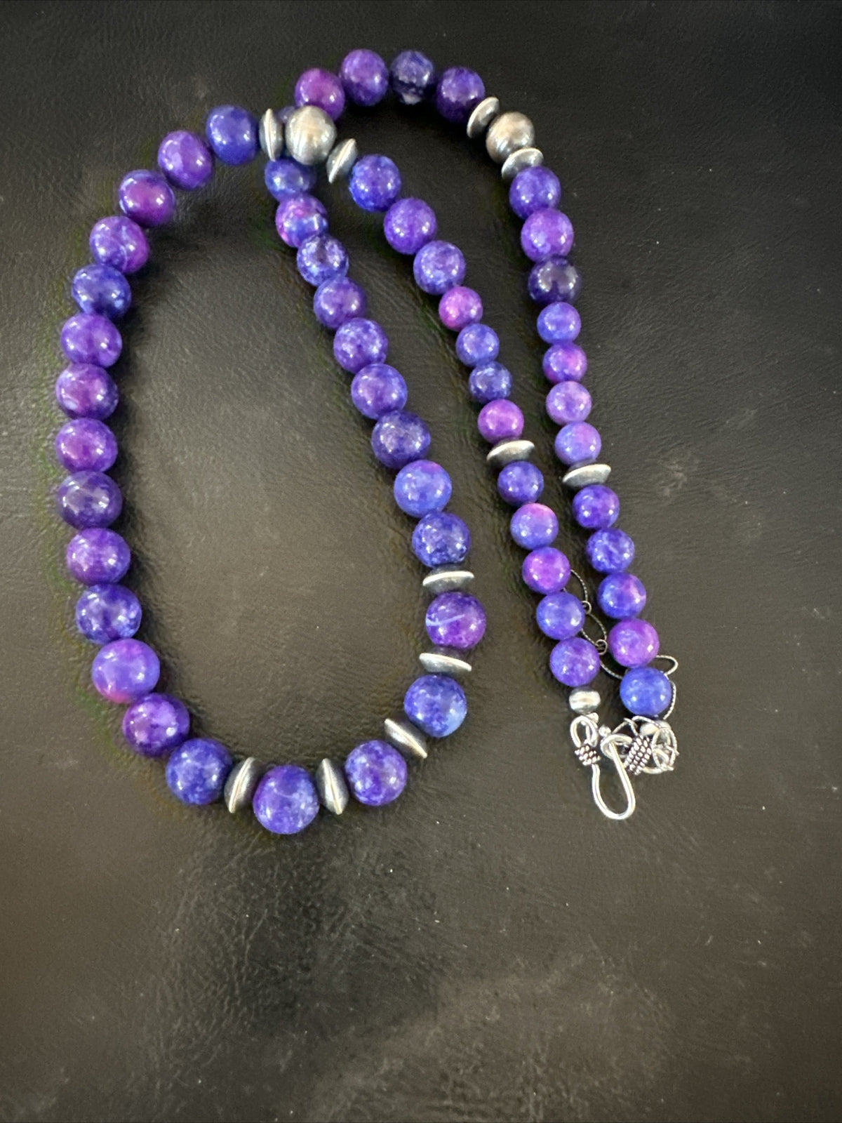 10mm Royal  Purple Stone Bead Navajo Sterling Silver Necklace 24” 17922