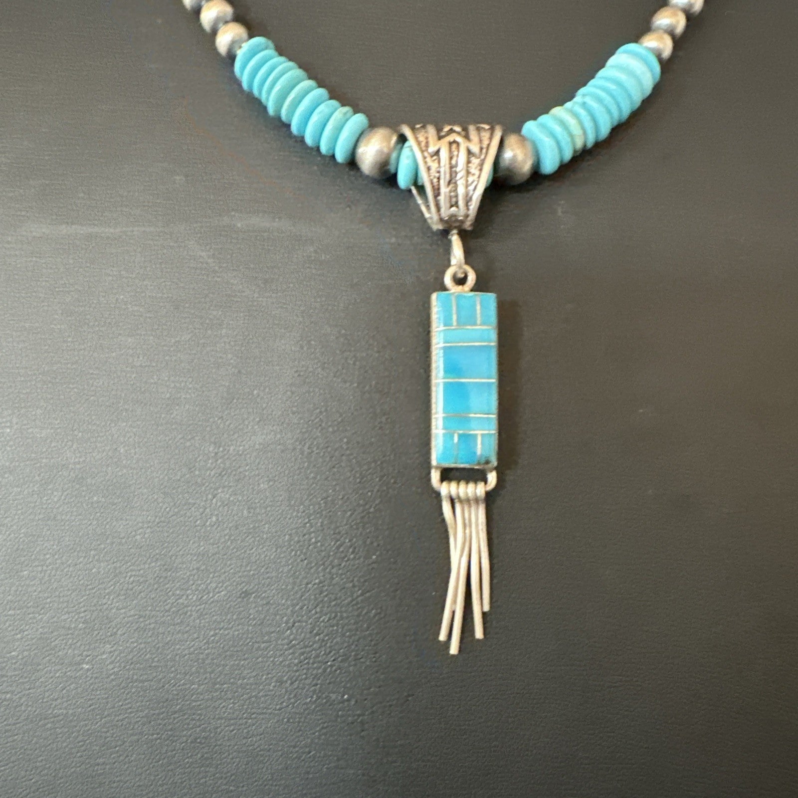 Blue Turquoise Inlay Pendant Navajo Sterling Silver Necklace 19514