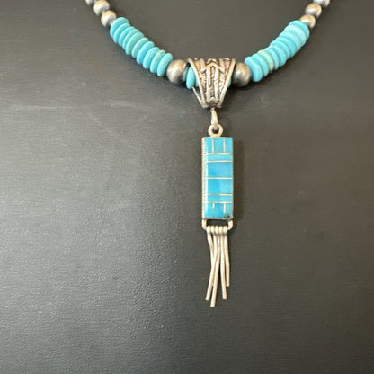 Blue Turquoise Inlay Pendant Navajo Sterling Silver Necklace 19514