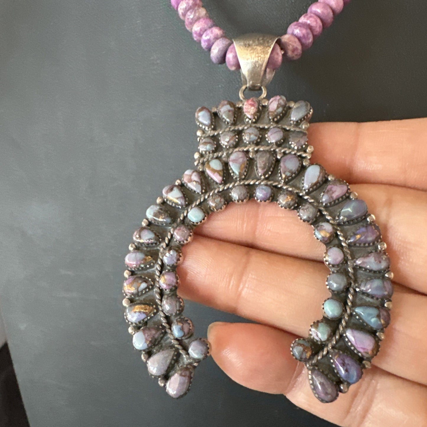 Old Pawn Purple Spiny Naja Sterling Silver Purple Stone Necklace 16” 19769