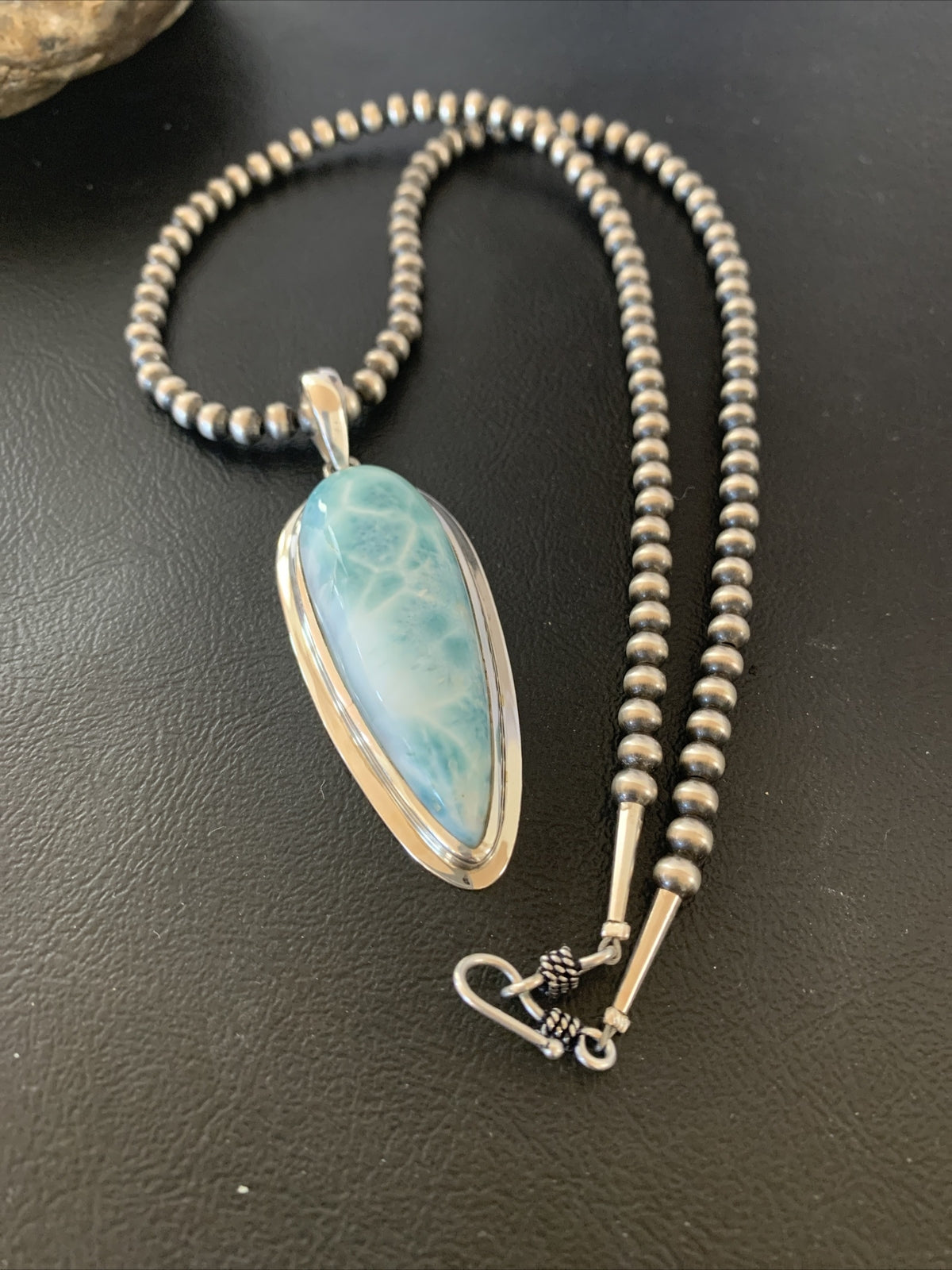 Womens Blue Larimar Pendant Navajo Sterling Silver Beads Necklace 01766