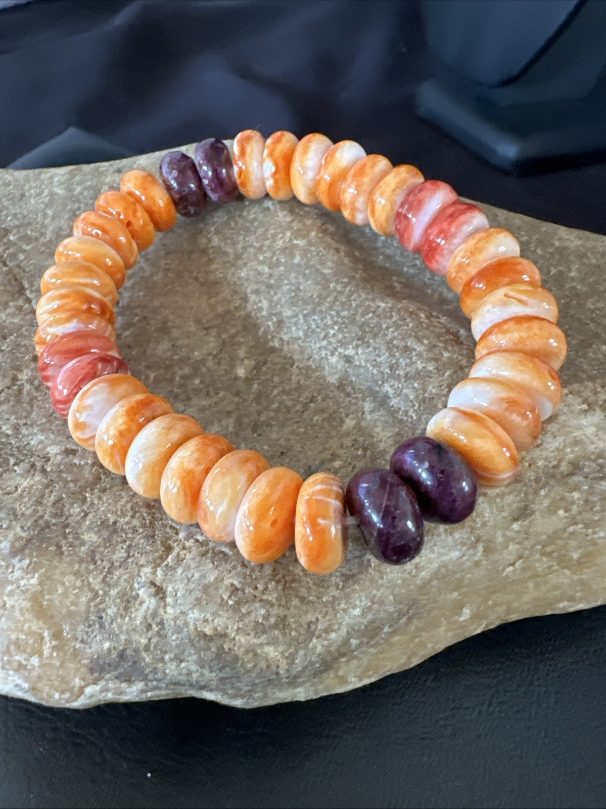 Orange Purple Spiny Oyster 12mm Bead Navajo Stretch Bracelet 19252