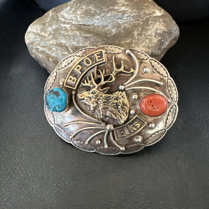 Elk Blue Turquoise Coral Navajo Sterling Silver Concho Belt Buckle 17972