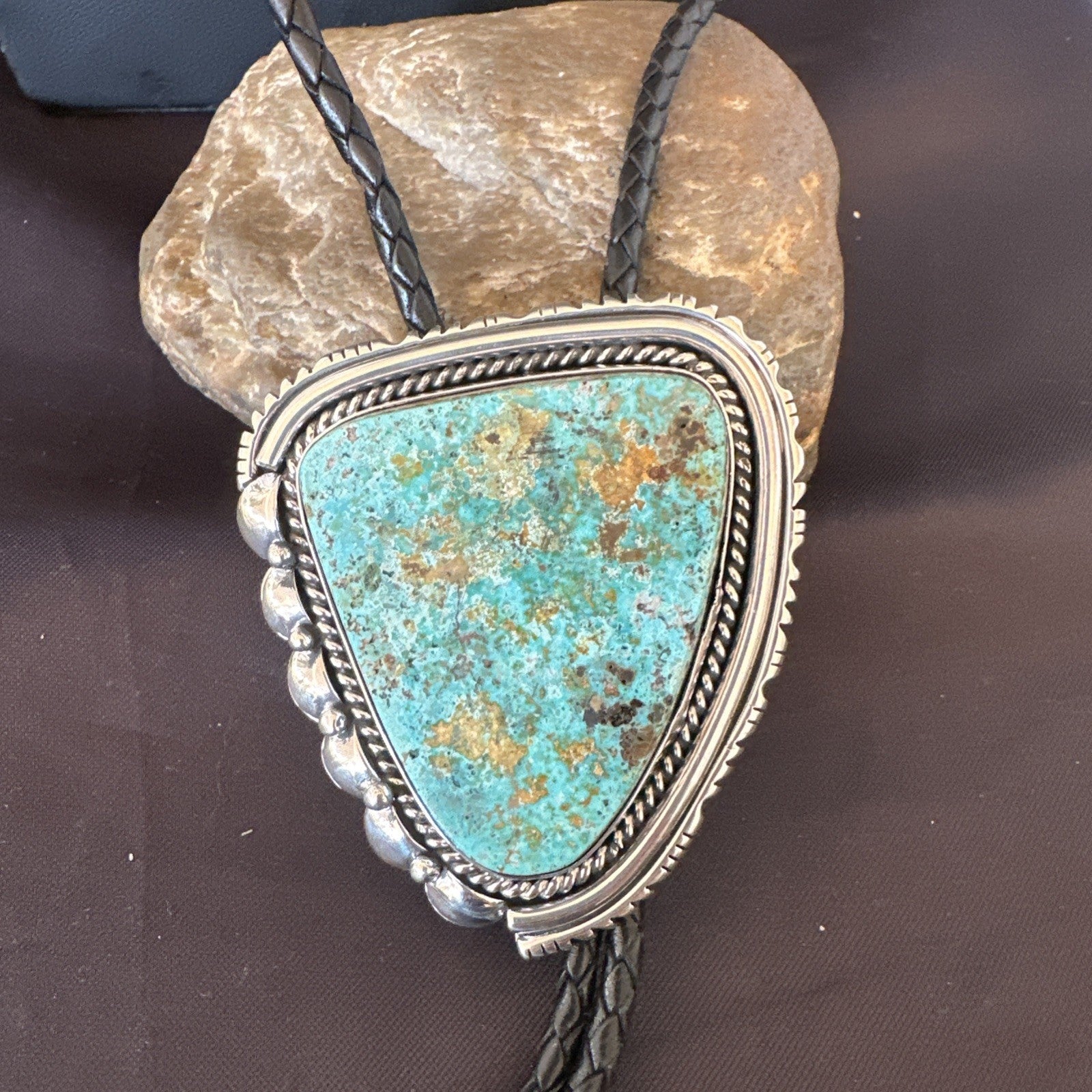 Native Mens Blue Green Royston Turquoise Bolo Tie Sterling Silver Navajo 19593