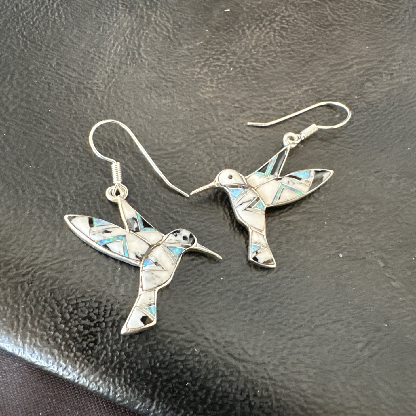 White Buffalo Turquoise Opal Onyx Sterling Silver Hummingbird Earrings 18546