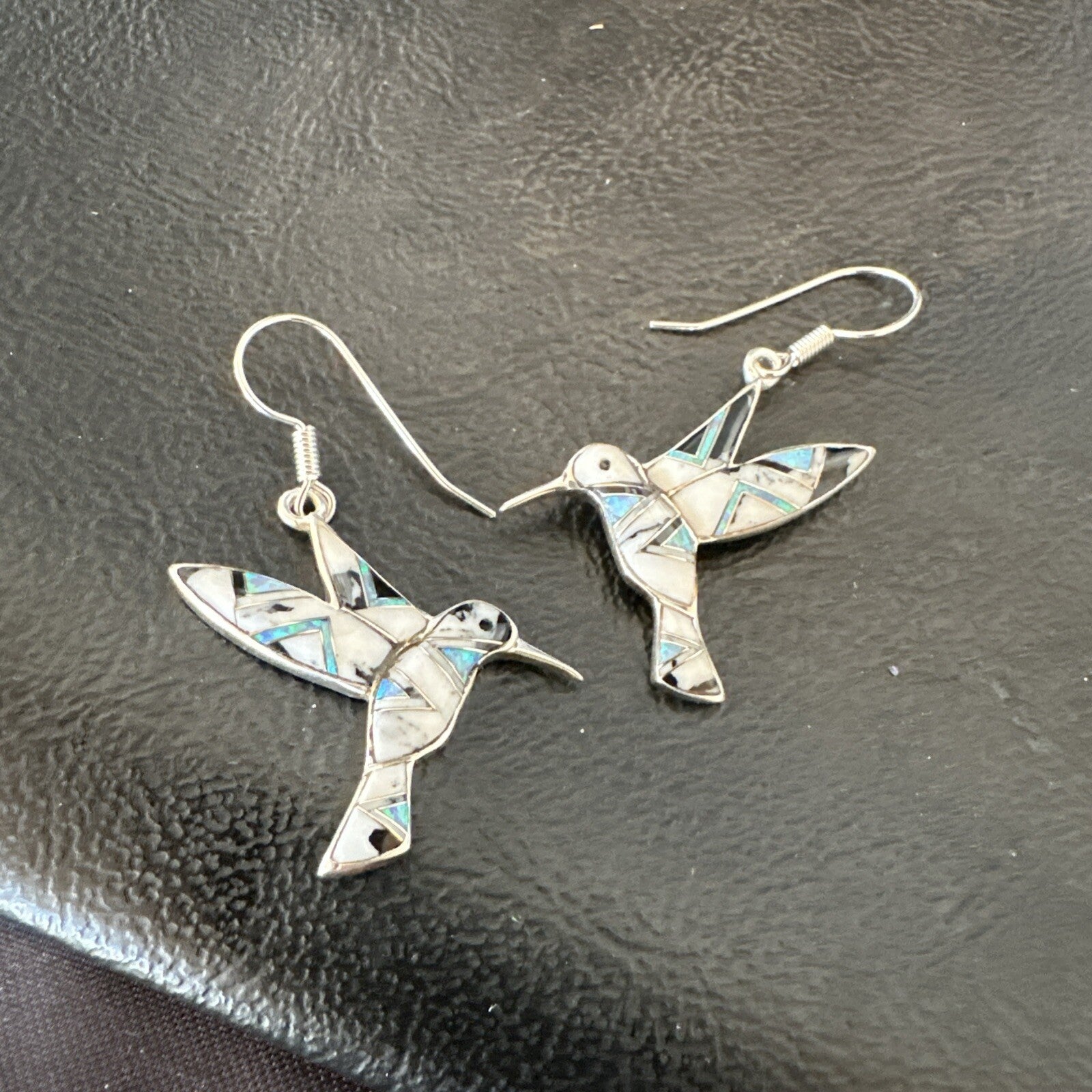 White Buffalo Turquoise Opal Onyx Sterling Silver Hummingbird Earrings 18546