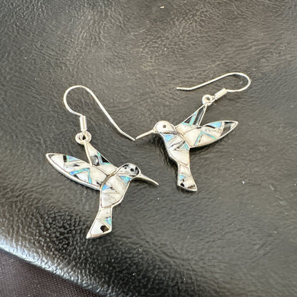 White Buffalo Turquoise Opal Onyx Sterling Silver Hummingbird Earrings 18546