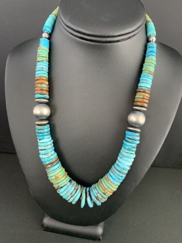 Navajo Blue Green Turquoise Graduated Necklace Sterling Silver 20" 234