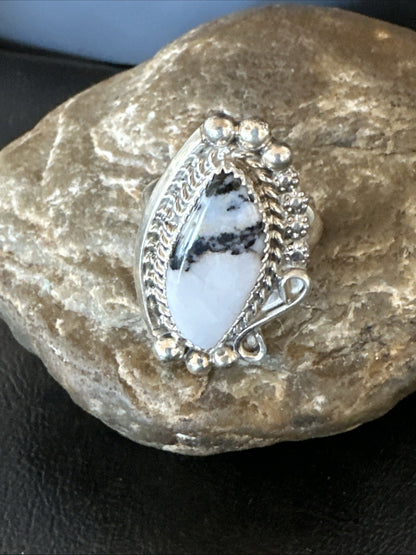 Black White Buffalo Turquoise Navajo Sterling Silver Ring Size 11 19811