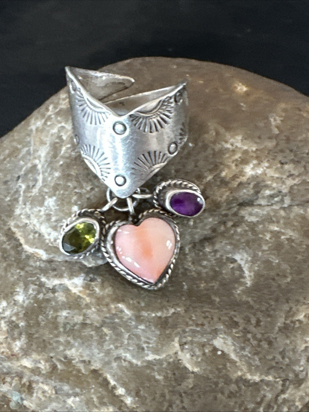 Heart Pink Conch Cluster Spiny Stamped Ring Adjustable Navajo Sz 7.5 19202