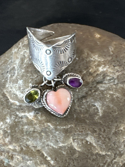 Heart Pink Conch Cluster Spiny Stamped Ring Adjustable Navajo Sz 7.5 19202