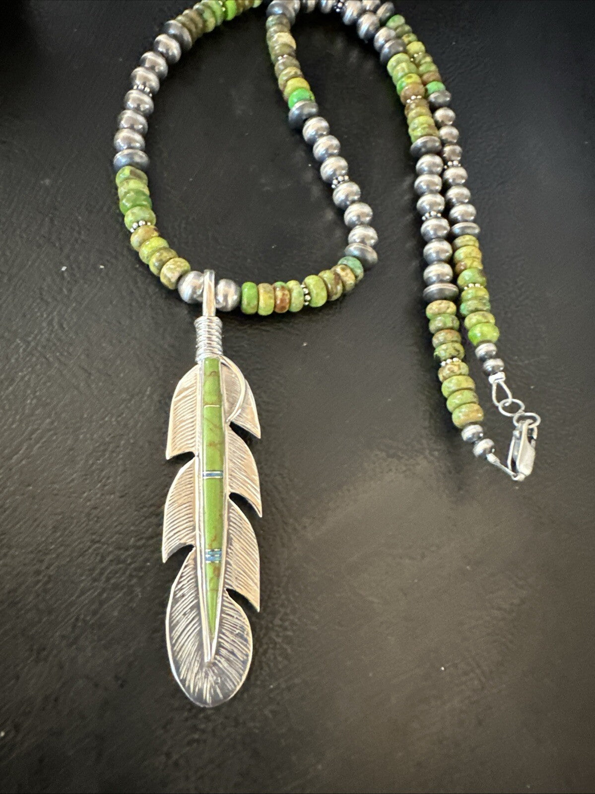 WoMens Green Gaspeite Turquoise Opal Leaf Pendant Sterling Silver Necklace 18665