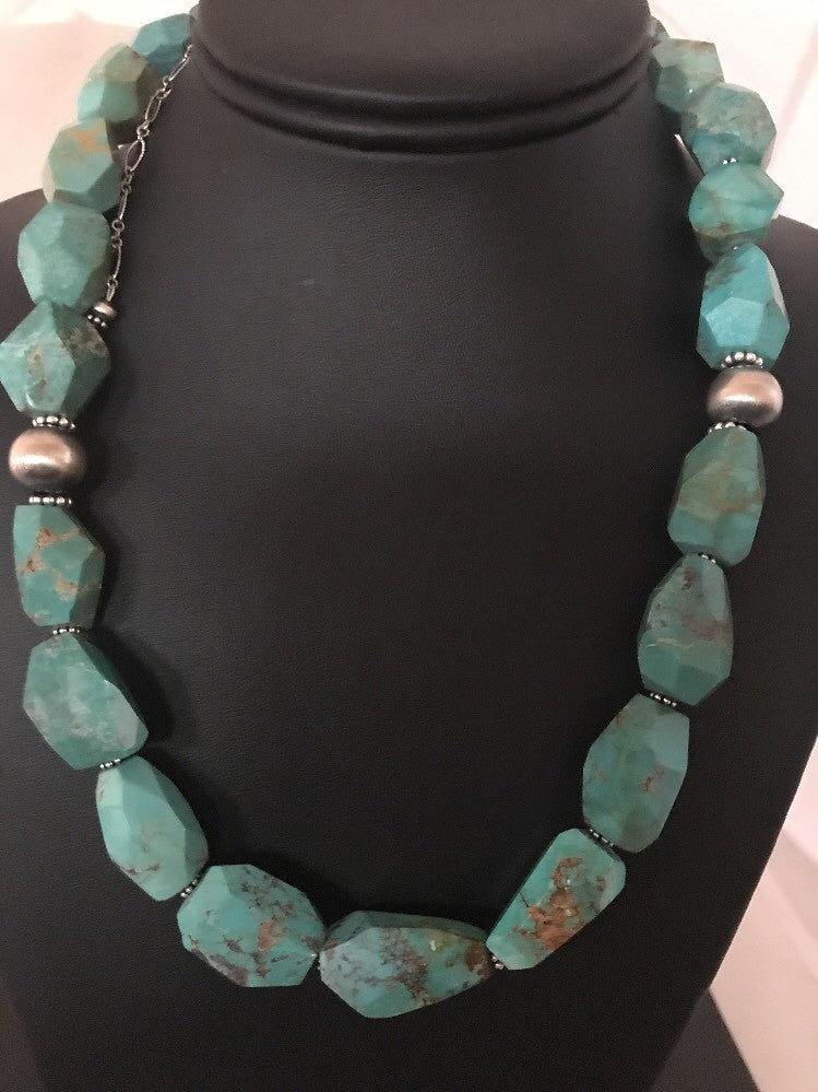 Turquoise Chunky Bead Faceted Navajo Sterling Silver Beads Necklace 03367