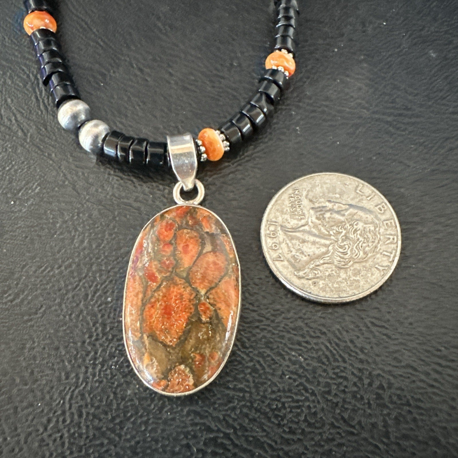 Orange Spiny Black Onyx Navajo Sterling Silver Pendant Necklace 20” 19638