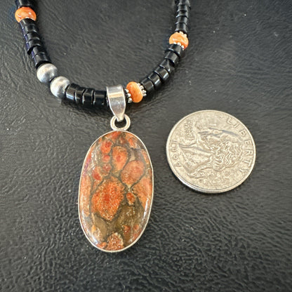 Orange Spiny Black Onyx Navajo Sterling Silver Pendant Necklace 20” 19638