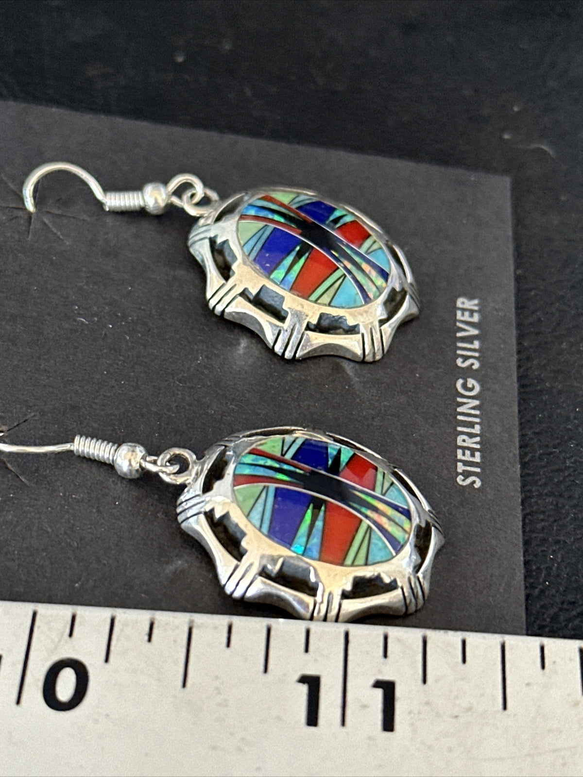 Blue Turquoise & Spiny Oyster Navajo Sterling Silver Inlay Earrings 1” 14763