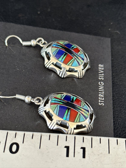 Blue Turquoise & Spiny Oyster Navajo Sterling Silver Inlay Earrings 1” 14763