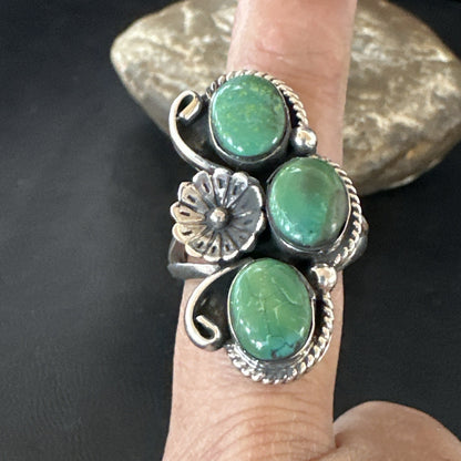 Yazzie Ring Green Turquoise Navajo Sterling Silver Cluster Size 9.5 19242