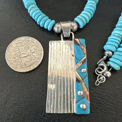 Blue Turquoise Inlay Pendant Navajo Sterling Silver Necklace 20" 19711
