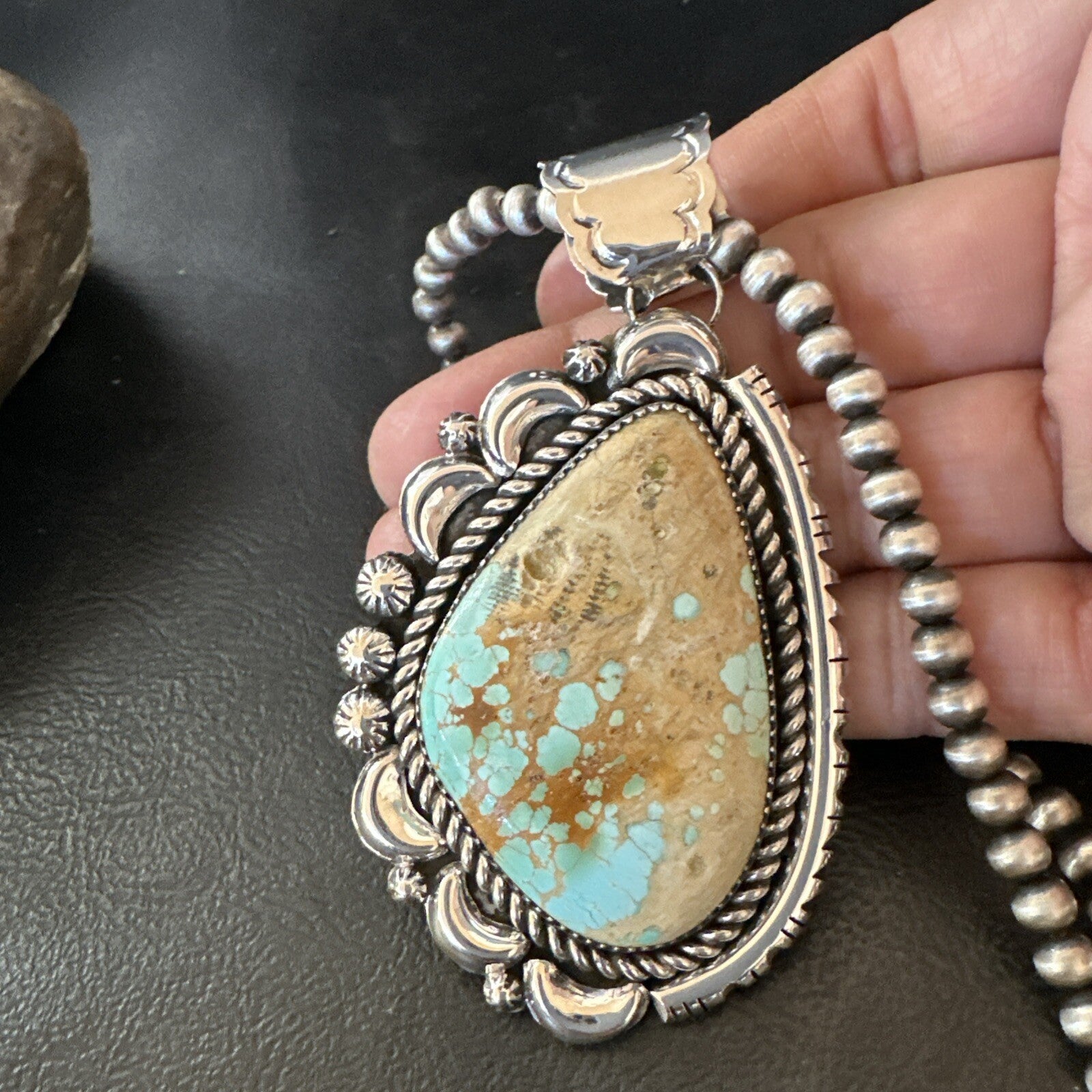 XXL Mens Royston Turquoise Pendant Navajo Pearls Sterling Silver Necklace 18745