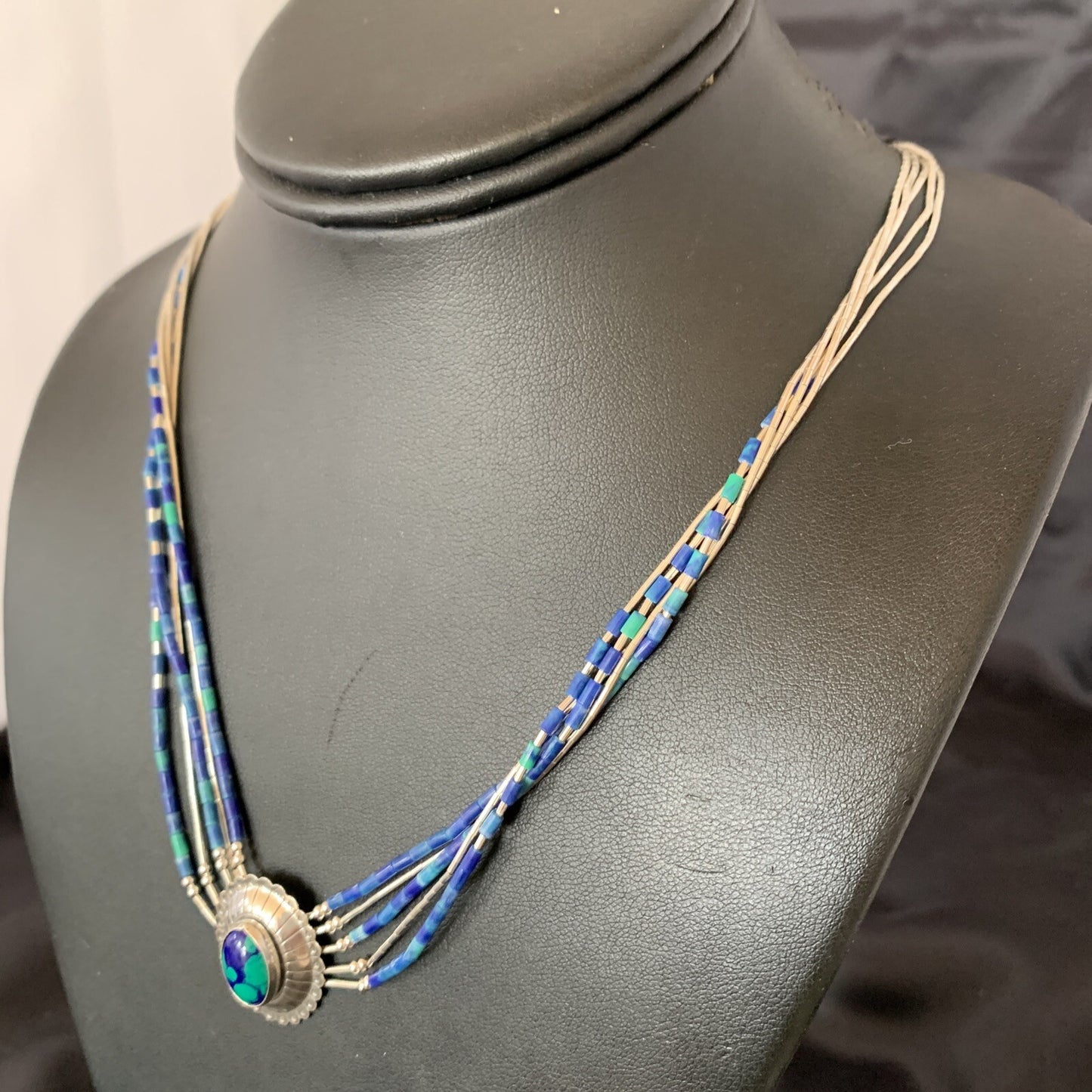 Blue Azurite Pendant Stabilized Heishi 5 Stands Sterling Silver Necklace 10353
