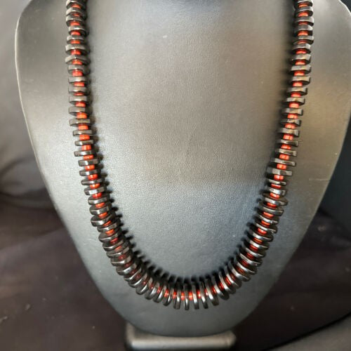 Navajo Bamboo Coral Black Onyx Necklace Sterling Silver 20" 14431