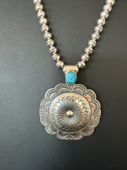 H Joe Navajo Sterling Silver Pendant Blue Kingman Turquoise Necklace 25”19443