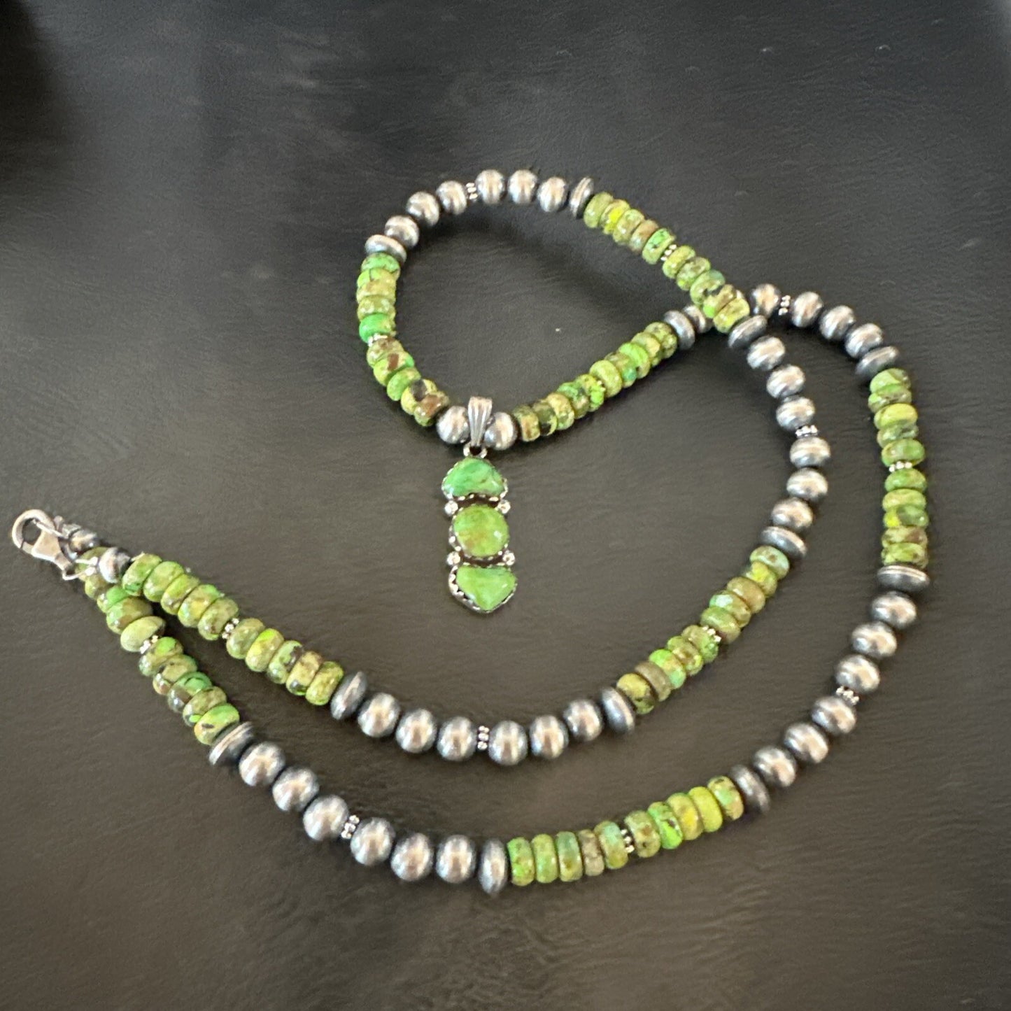 Womens Green Gaspeite Turquoise Pendant Navajo Sterling Silver Necklace 18388