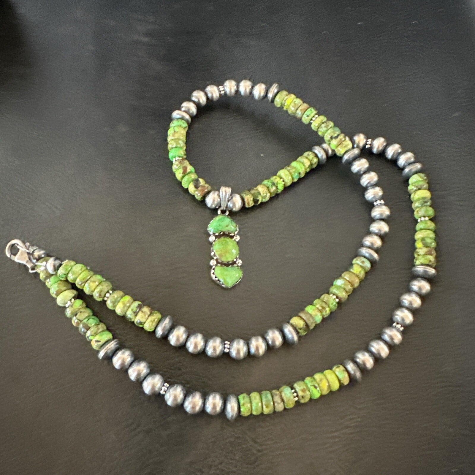 Womens Green Gaspeite Turquoise Pendant Navajo Sterling Silver Necklace 18388