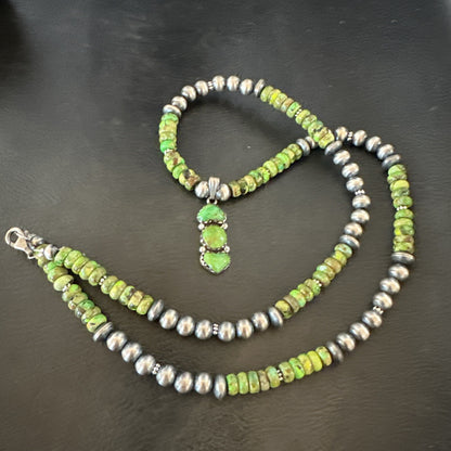 Womens Green Gaspeite Turquoise Pendant Navajo Sterling Silver Necklace 18388