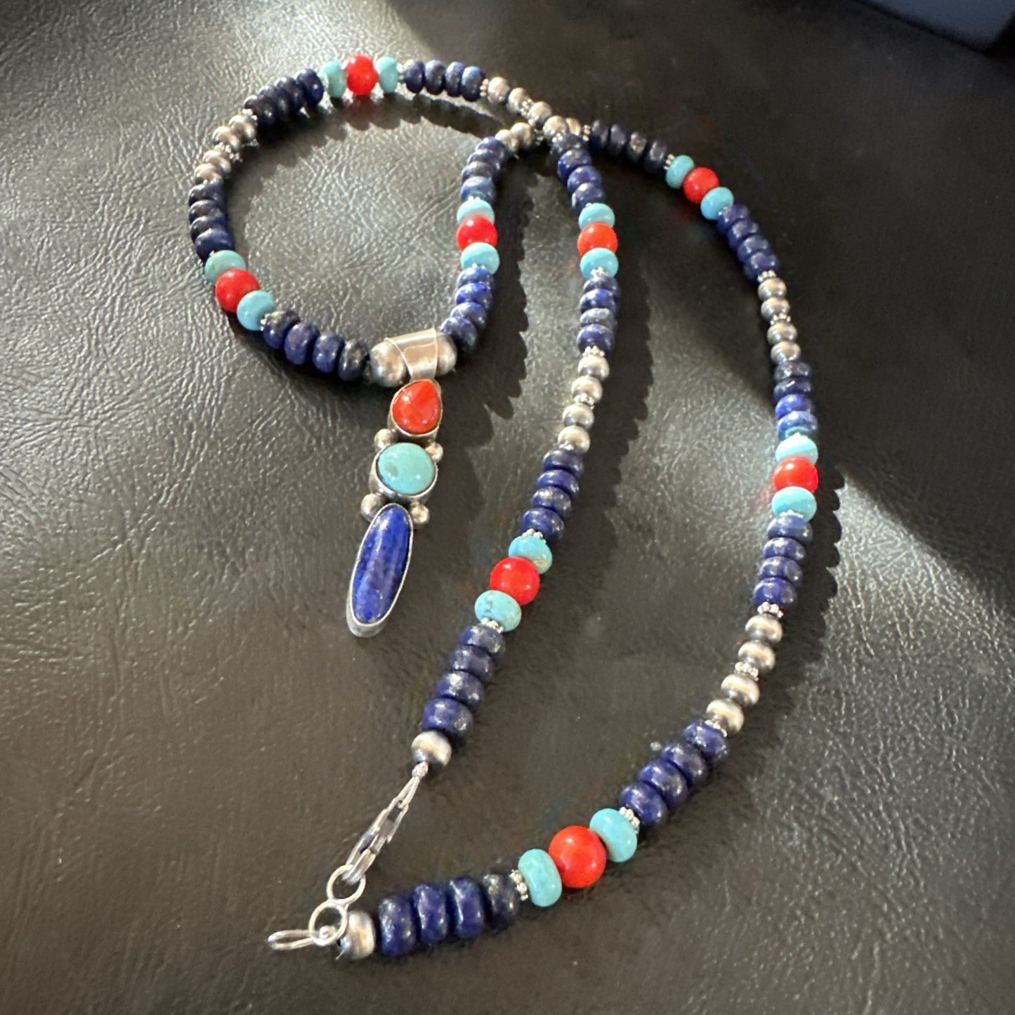 Multicolor Turquoise Spiny Navajo Sterling Silver Cluster Pendant Necklace 19647