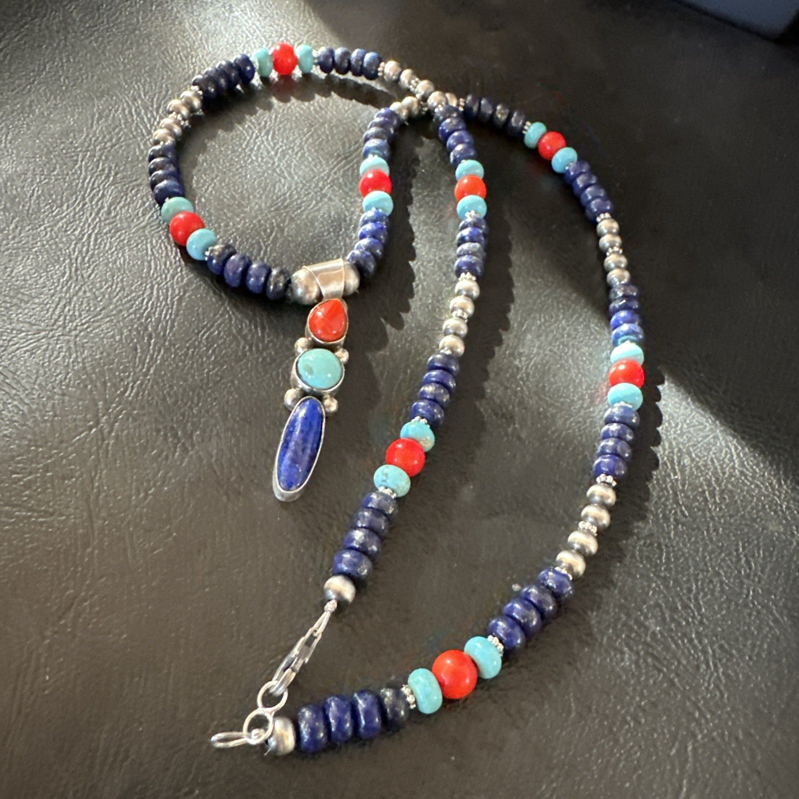 Multicolor Turquoise Spiny Navajo Sterling Silver Cluster Pendant Necklace 19647
