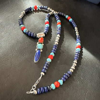 Multicolor Turquoise Spiny Navajo Sterling Silver Cluster Pendant Necklace 19647