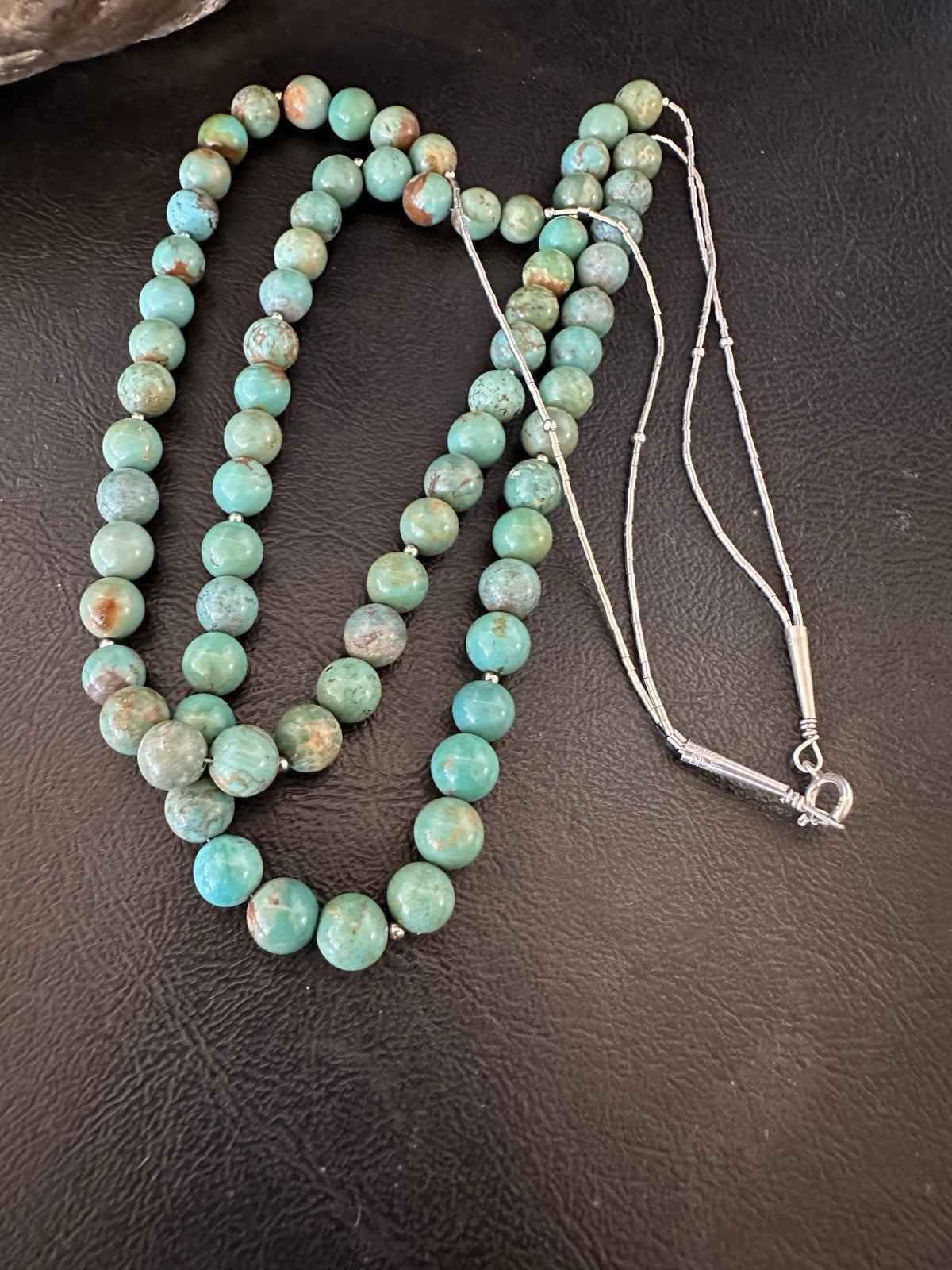 Native Turquoise Bead 2 Strand Navajo Sterling Silver Necklace 22” 19464