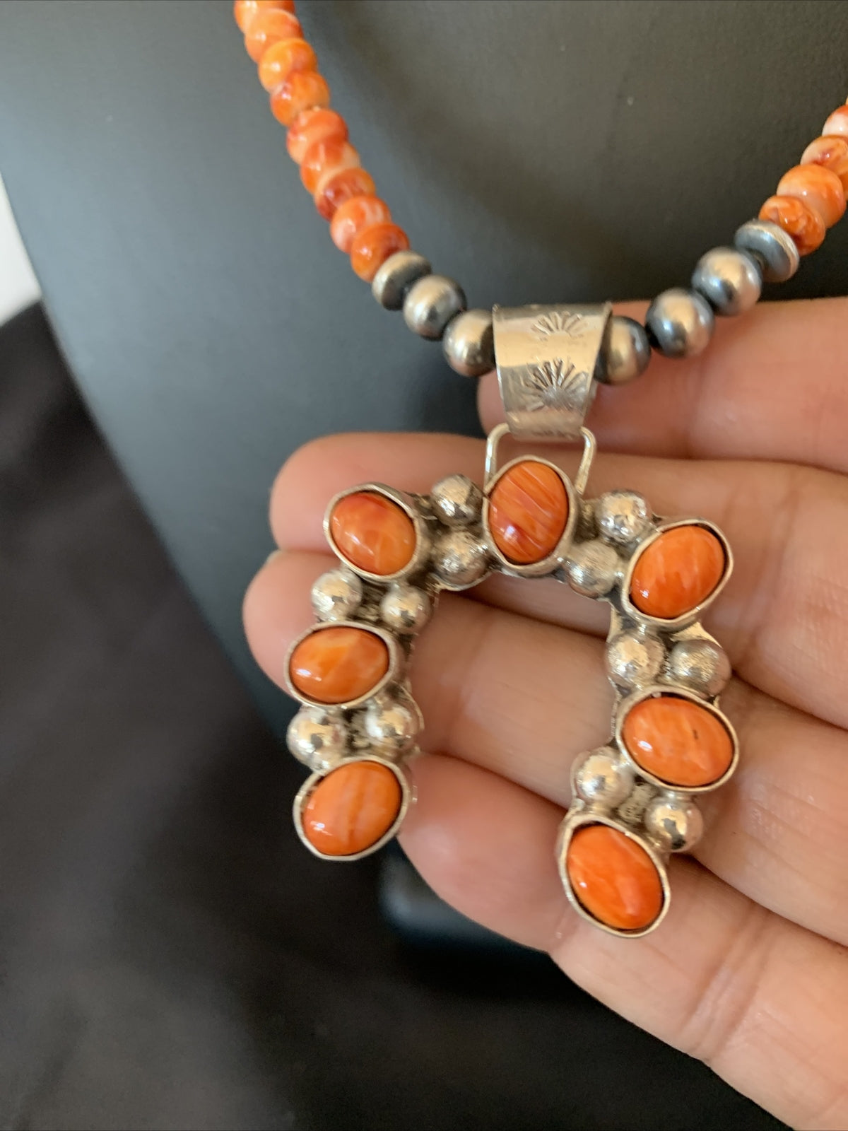 Spiny Oyster Naja Pendant Navajo Pearls Sterling Silver Necklace 12091