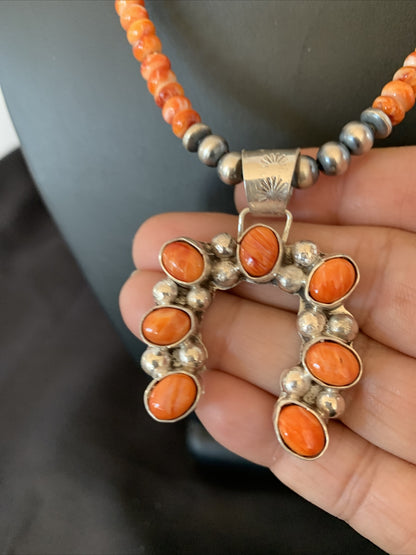 Spiny Oyster Naja Pendant Navajo Pearls Sterling Silver Necklace 12091