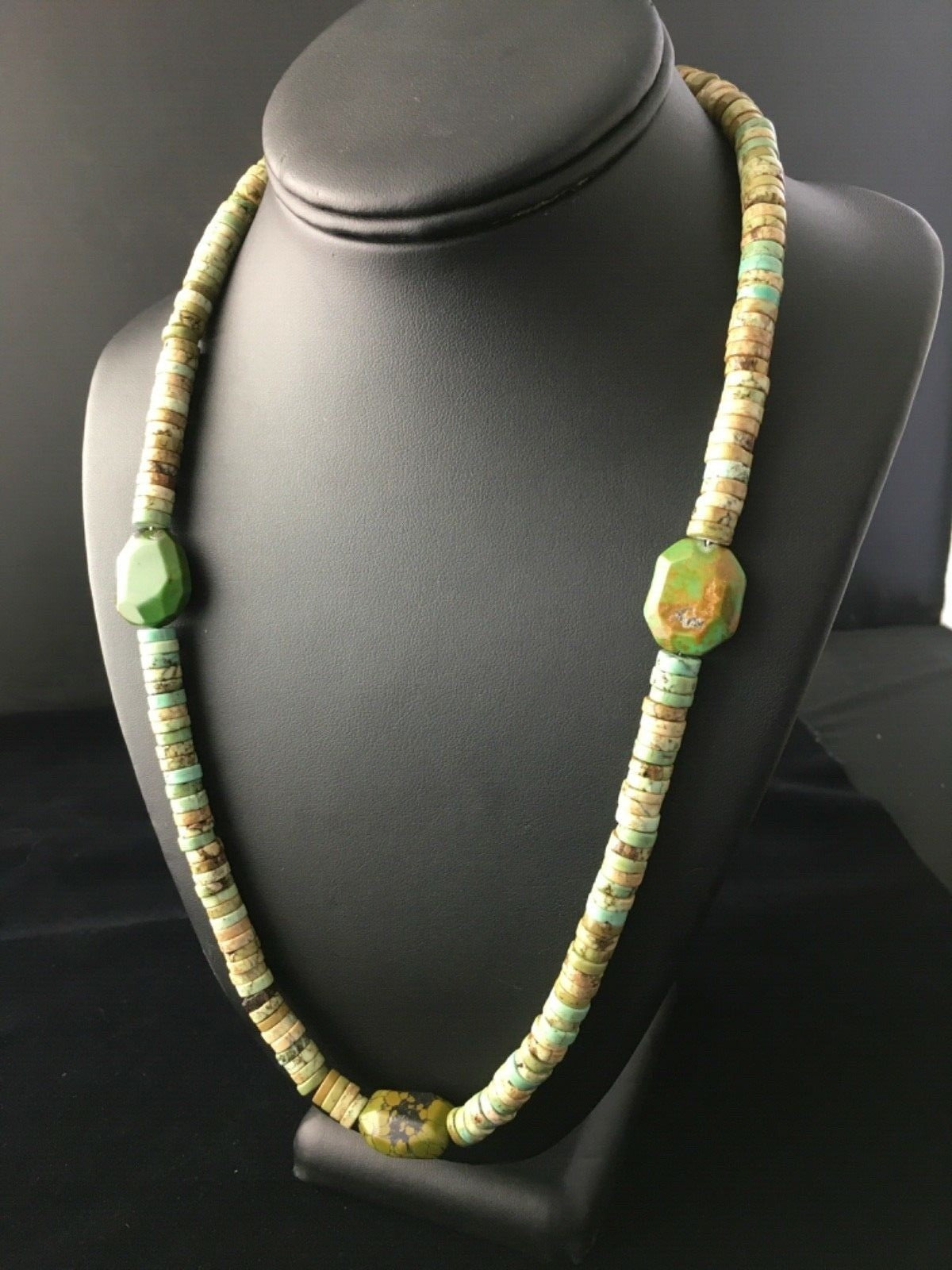 Mens Chunky Green Turquoise Navajo Sterling Silver Heishi Necklace 1797