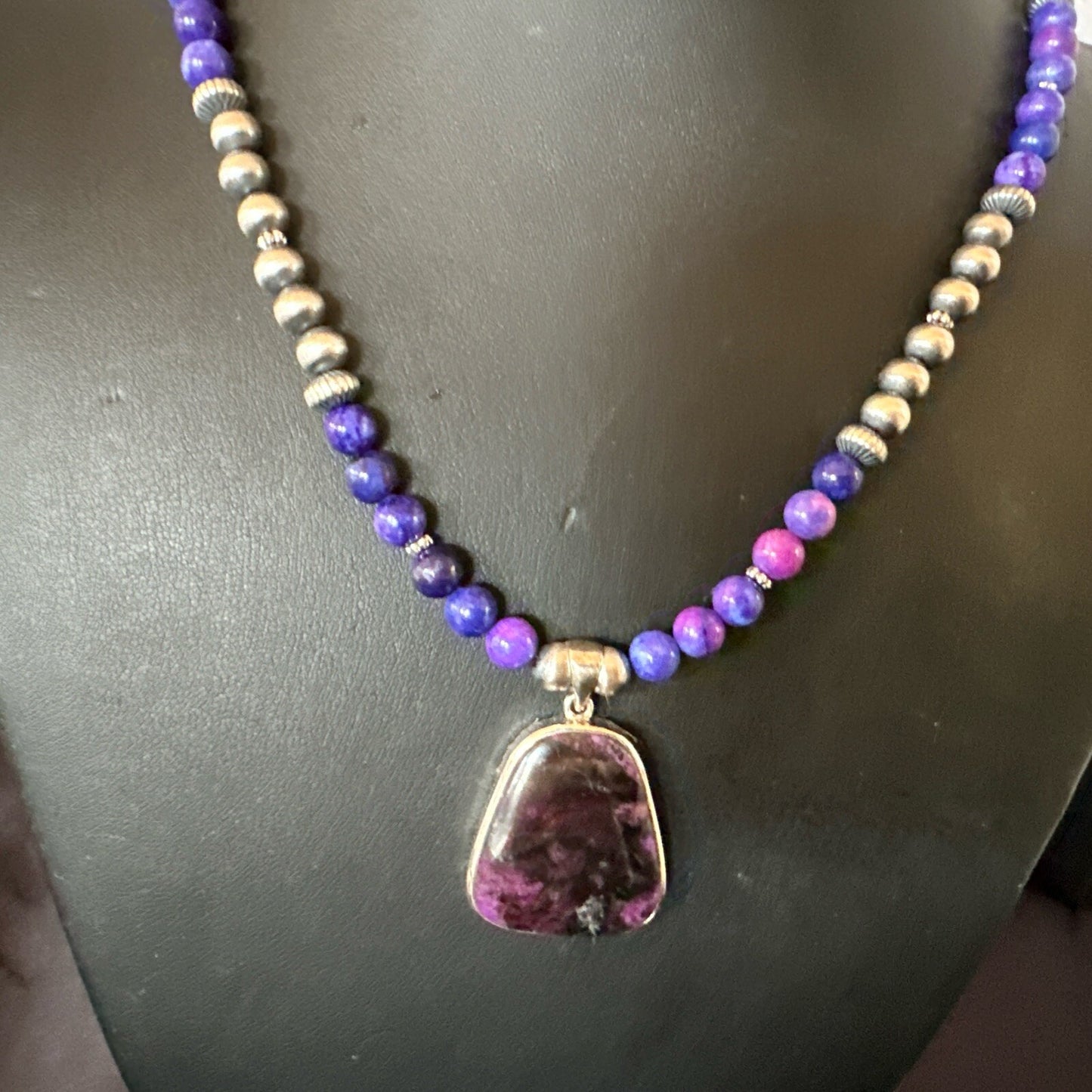 Purple Stone Pendant Navajo Pearls Sterling Silver Necklace 23" 17890