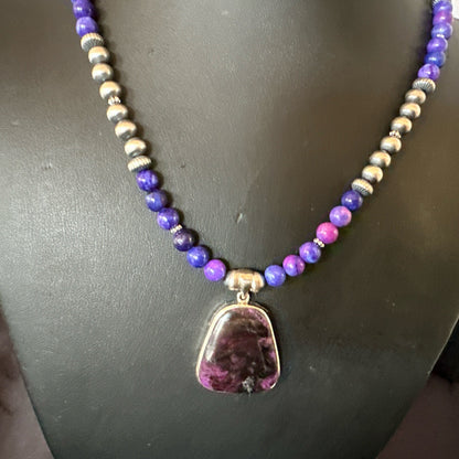 Purple Stone Pendant Navajo Pearls Sterling Silver Necklace 23" 17890