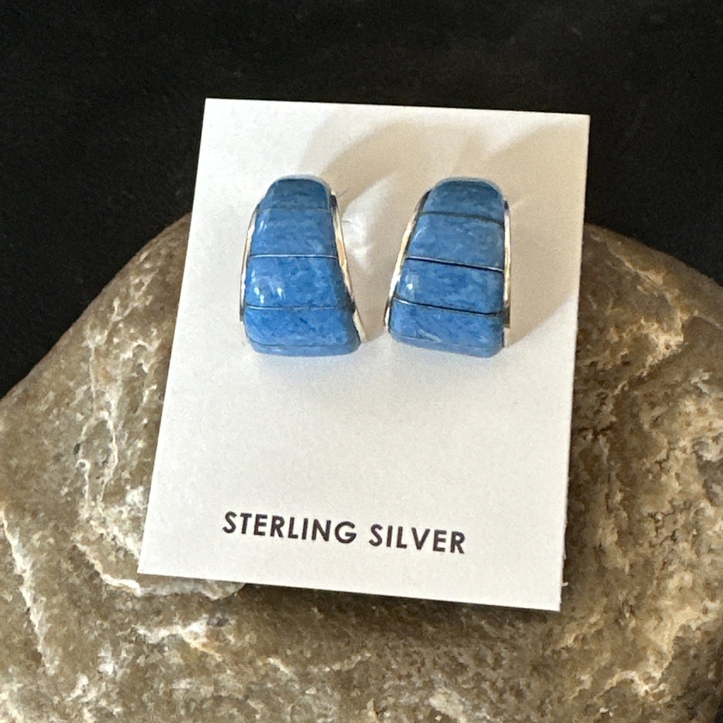 Southwestern Sterling Silver Blue  Denim Lapis Stud Inlay Earrings 1” 19268