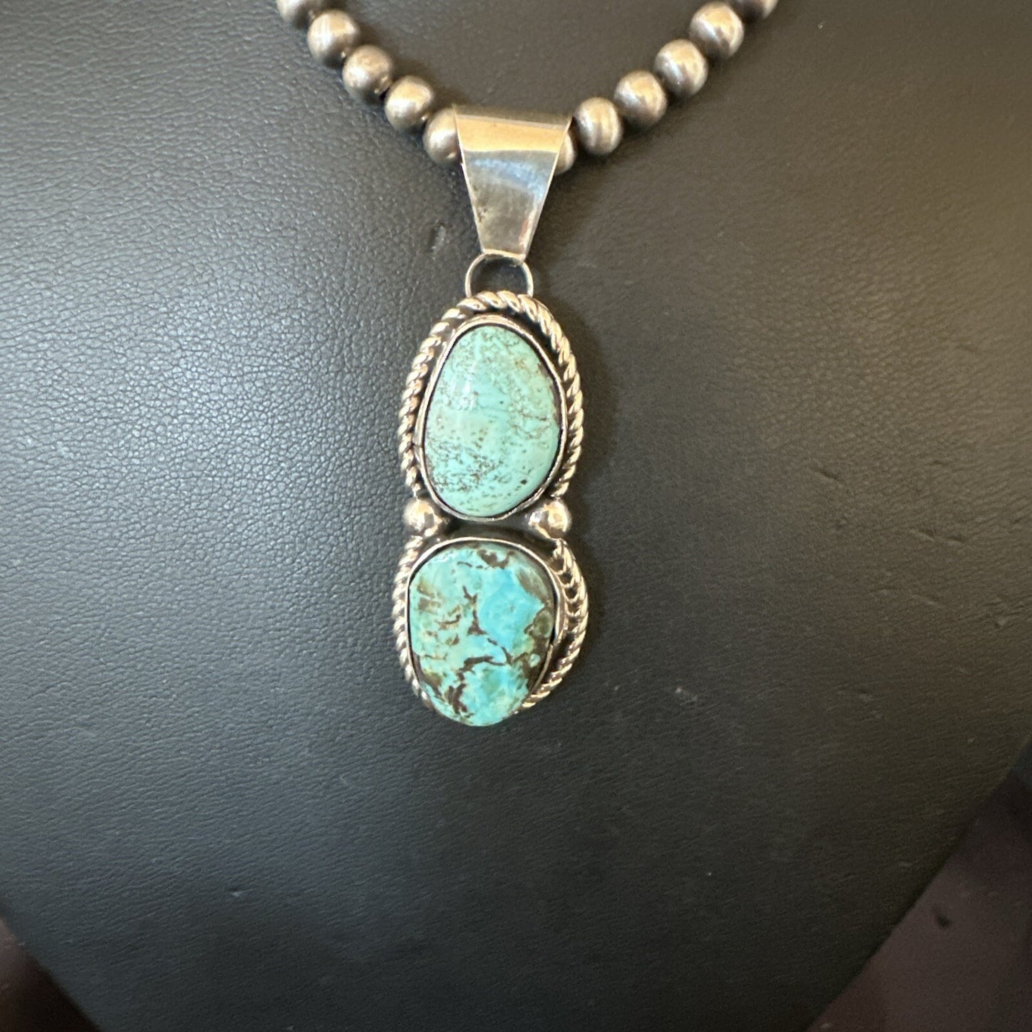 Blue Turquoise 2 Stone Navajo Sterling Silver Cluster Pendant 18191