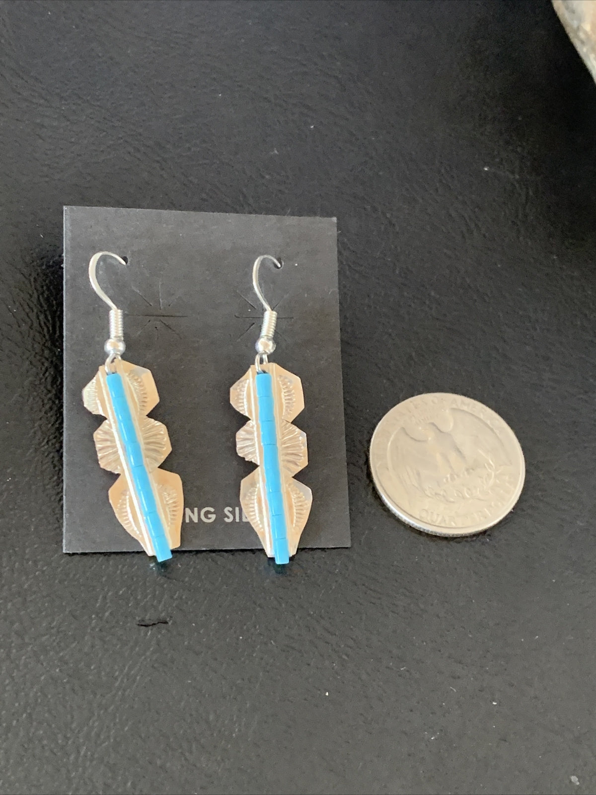 Blue Turquoise Sterling Silver Navajo Handmade Inlay Feather Earrings 13063